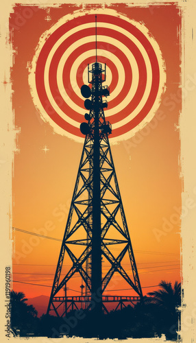 Retro Radio Tower with Orange Signal Waves at Sunset photo