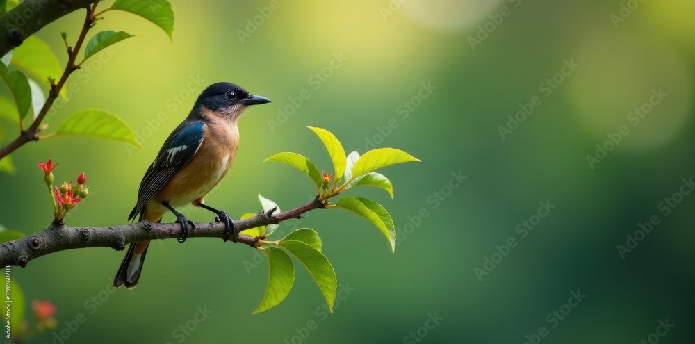 Fototapeta premium Bird perched on a branch of a tree with leaves and flowers , outdoors, branches