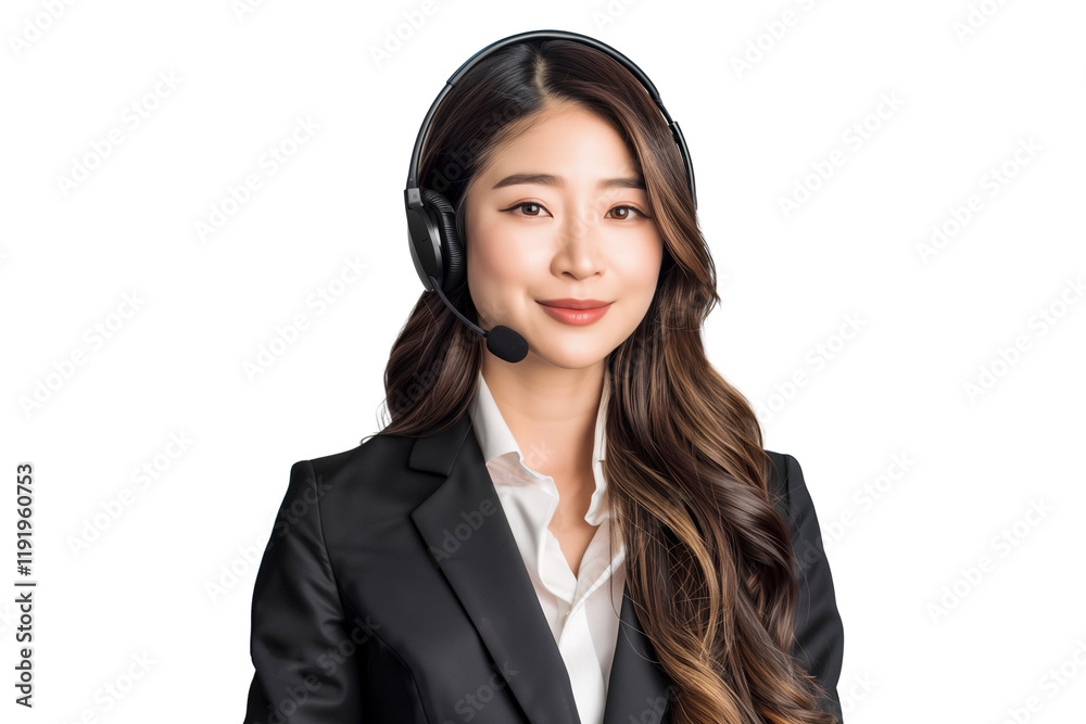 Smiling female call center operator wearing a headset, isolated on transparent background Smiling female call center operator wearing a headset, isolated on transparent background