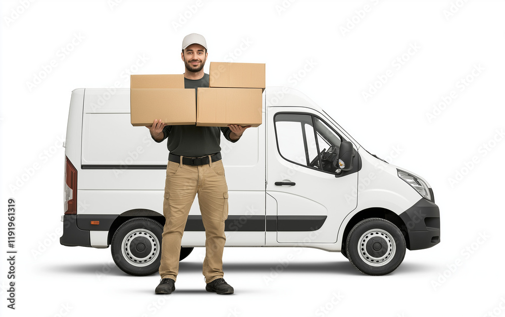 Delivery Man holding Parcels, white Van for mockup Delivery Man holding Parcels, white Van for mockup