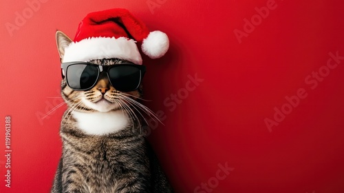Holiday-themed Christmas cat with sleek sunglasses and a Santa hat, isolated against a bold red background for a greeting card.