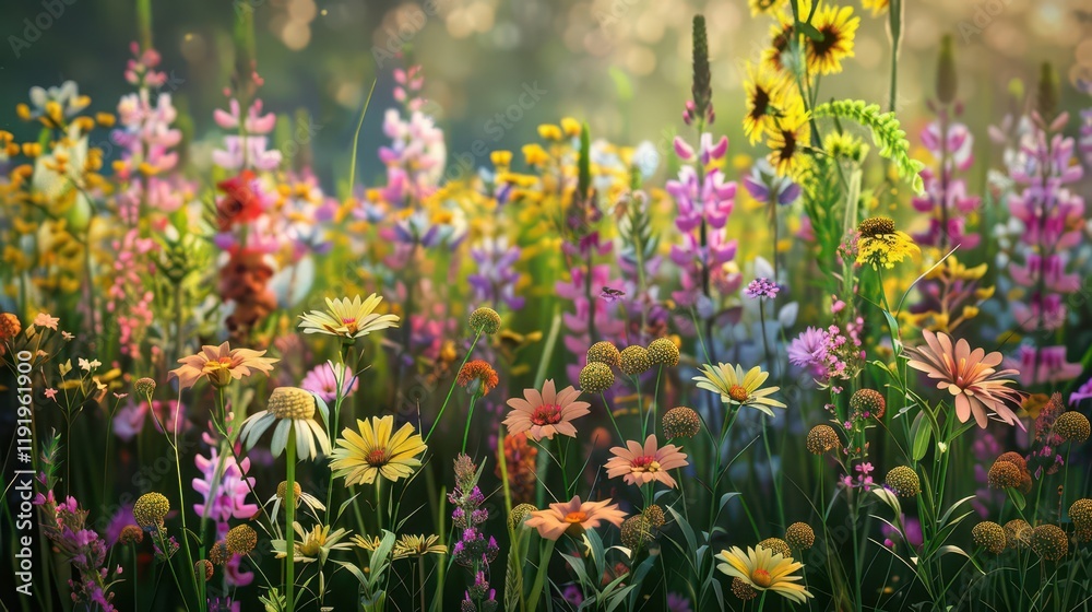 Fototapeta premium A vibrant meadow filled with diverse wildflowers in bloom, showcasing nature's beauty.