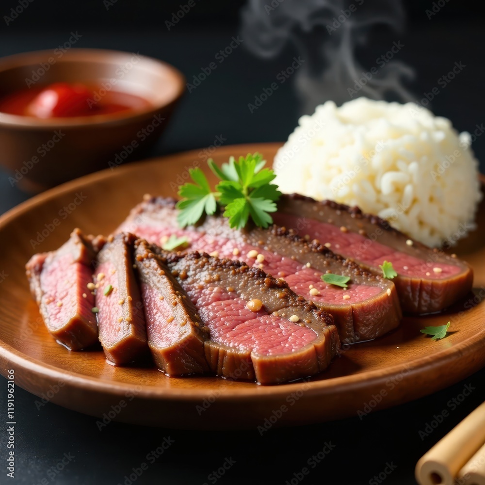 Close-up of roasted beef on wooden platter with steaming rice, wood, platter