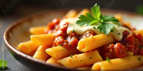 Close-up of spicy penne pasta with melted mozzarella and parsley on top, food photography, tomato sauce photo