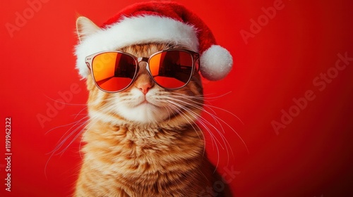 Merry Christmas concept: a cool cat with reflective sunglasses and a Santa hat, striking a fun pose on a clean red background.