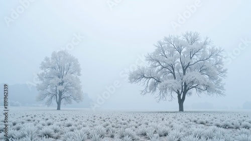 Wallpaper Mural Frost-kissed yucca field framed by an icy, leafless tree; serene winter's touch blankets nature in delicate beauty Torontodigital.ca