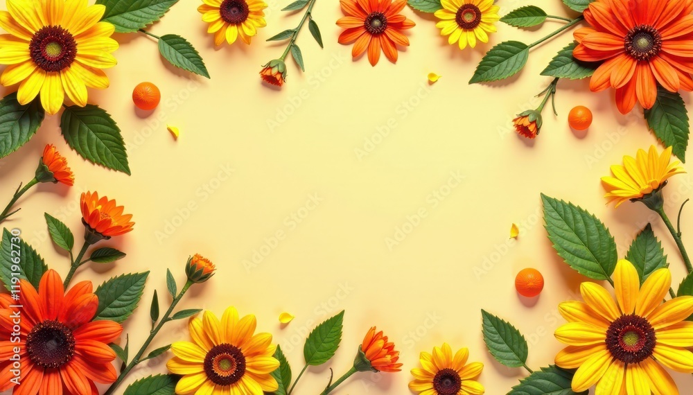 Fototapeta premium Colorful floral pattern with marigolds and sunflowers against a warm beige background, vibrant, sunflower