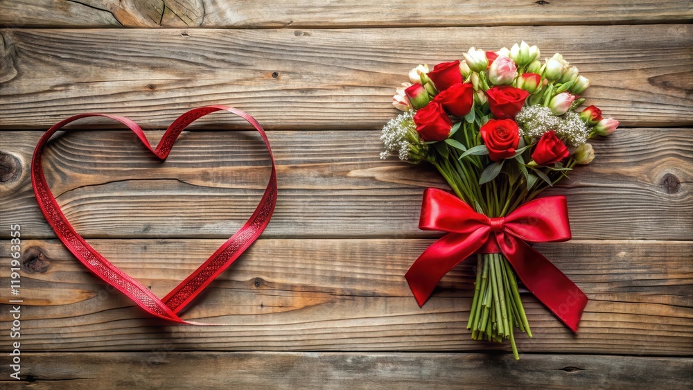 A heart-shaped red bow tied around a bouquet of flowers on a wooden table in a rustic style home decor setting, Valentine's Day decorations, red accents A heart-shaped red bow tied around a bouquet of flowers on a wooden table in a rustic style home decor setting, Valentine's Day decorations, red accents