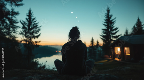 A woman gazing at the stars on a calm night, symbolizing dreams and aspirations, minimal scene.