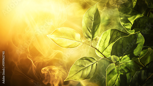 A glowing visualization of sunlight energizing moisture release from leaves, dynamic water vapor pathways and radiant green and golden hues photo