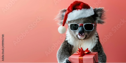 A festive and playful image of a koala wearing a Santa hat and sunglasses while holding a red gift box against a red background. A unique holiday vibe.