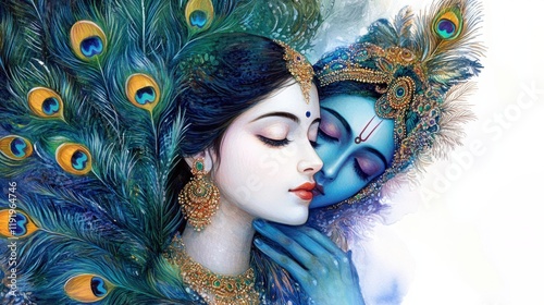 A depiction of Radha resting her head on Krishna's shoulder, surrounded by peacock feathers, isolated on white photo