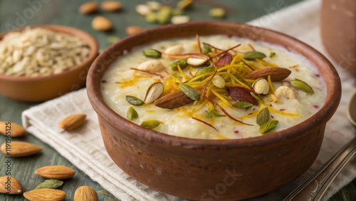 Traditional Indian Kheer Dessert Topped with Almonds, Pistachios, and Saffron  
 photo