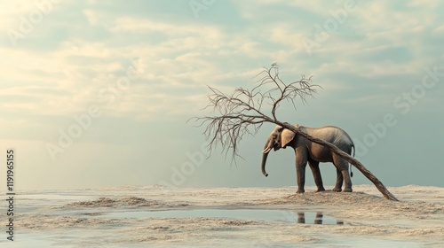 Solitude of an Elephant: A lone elephant carrying the weight of a dead tree in a desolate landscape, evoking themes of burden, resilience, and environmental challenges.