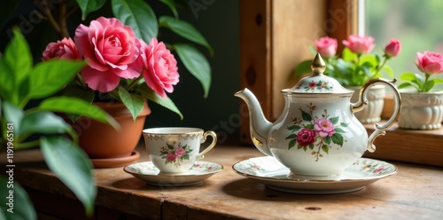 Elegant antique tea set placed on a table with fresh flowers and potted plants, garden style, vintage decor