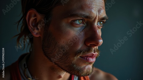 Chiseled youth in a red tank top, sporting a thick beard and mustache. Hair tied in a sleek ponytail as his gaze drifts dreamily to the right photo