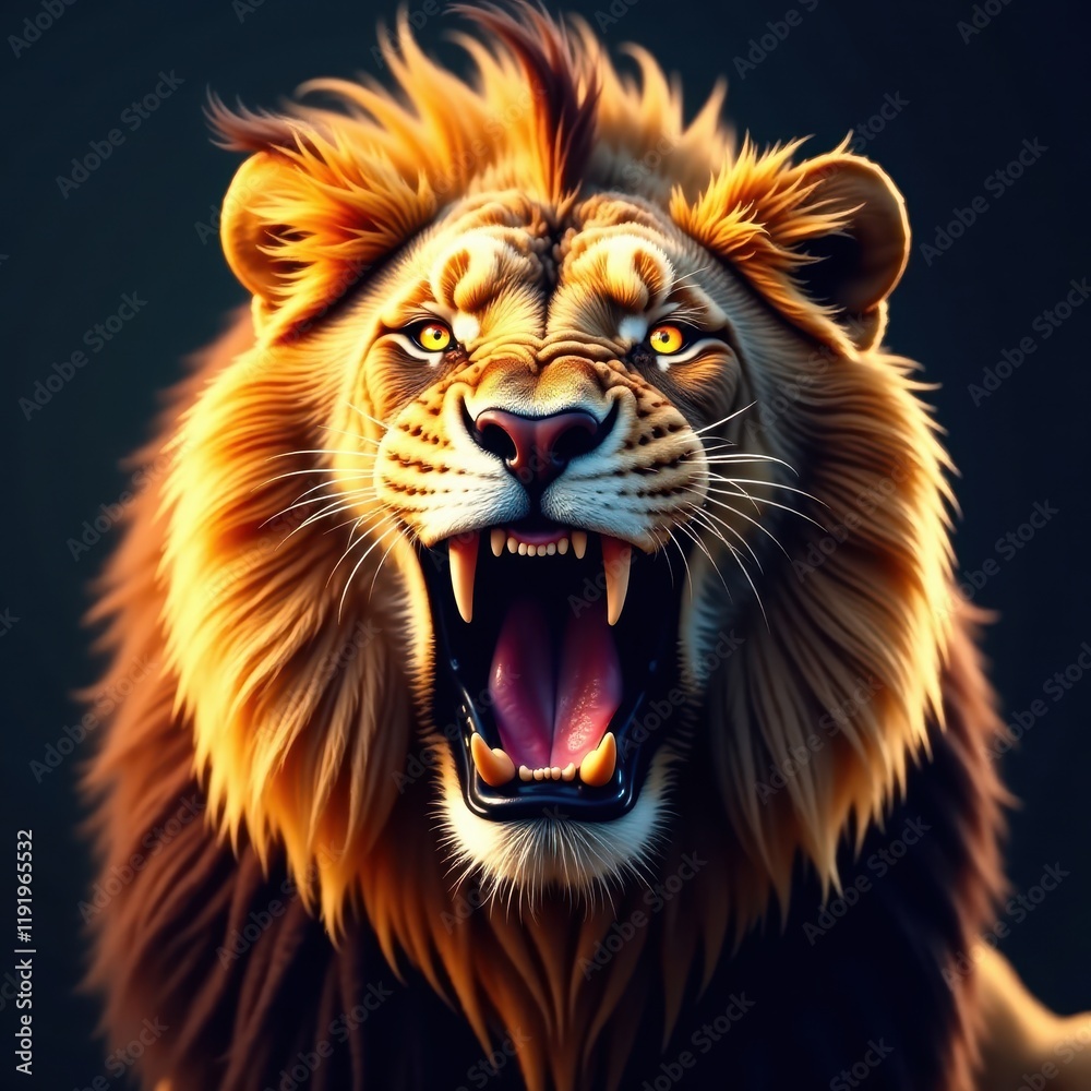 Fierce lion with open mouth displaying sharp teeth and glowing yellow eyes, carnivore, wild Fierce lion with open mouth displaying sharp teeth and glowing yellow eyes, carnivore, wild