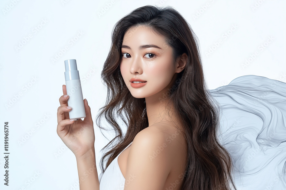 Beautiful asian woman with long hair holding cosmetic cream bottle on white background Beautiful asian woman with long hair holding cosmetic cream bottle on white background