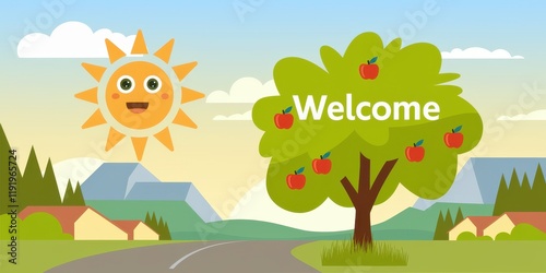 A Sunny Welcome Apple Tree Scene in a Rural Setting