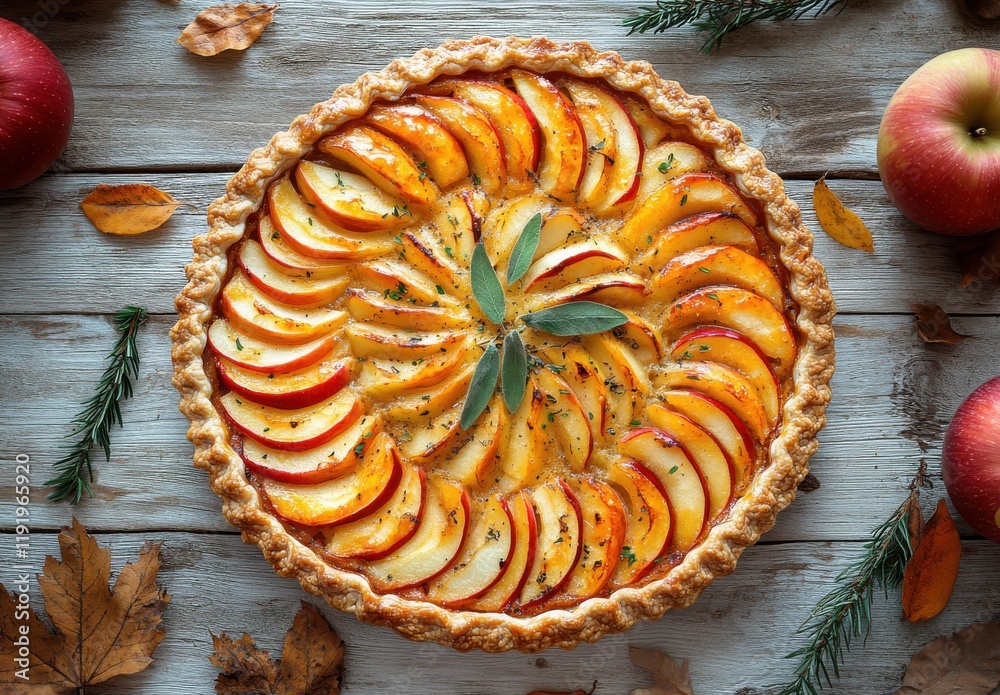 Freshly Baked Apple Pie with Sliced Apples and Herbs on Rustic Wooden Table Surrounded by Autumn Leaves and Red Apples