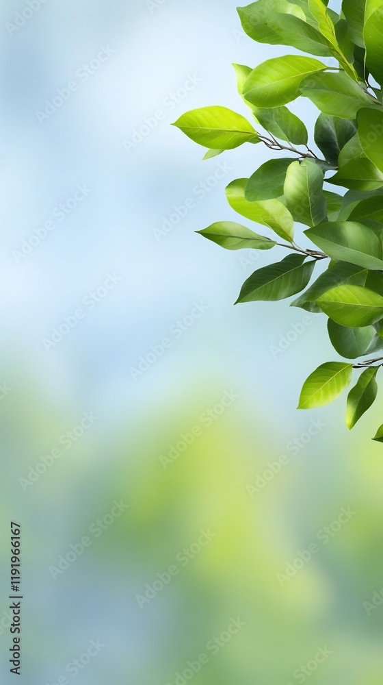 Obraz premium Vibrant green leaves gently sway in soft sunlight creating a serene peaceful mood. AI Generated