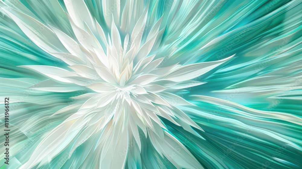Abstract floral design in teal and white, conveying a sense of motion and tranquility. Abstract floral design in teal and white, conveying a sense of motion and tranquility.