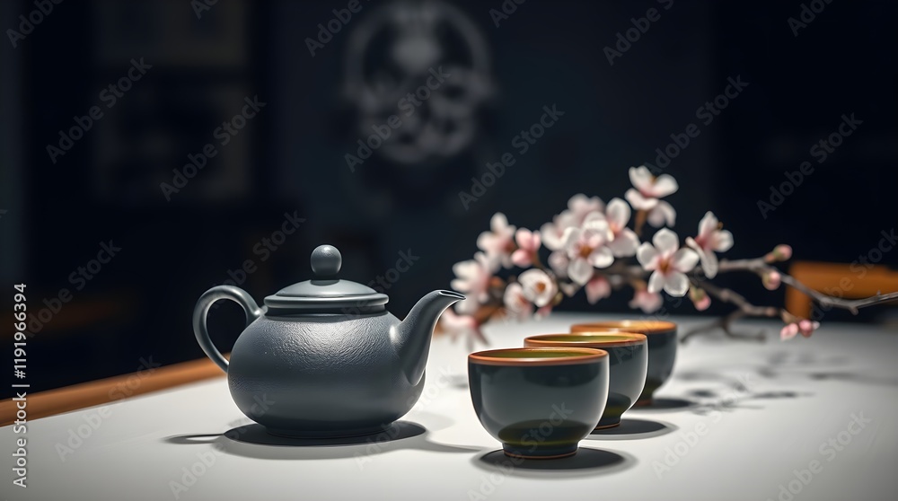 Fototapeta premium a tea ceremony with cast iron teapot, cups, green tea, and cherry blossoms around