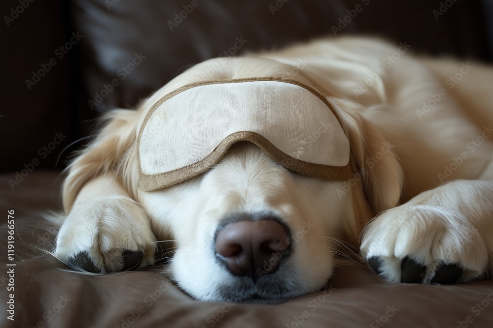 Obraz premium Cute Golden Retriever lying on the bed with a sleeping mask