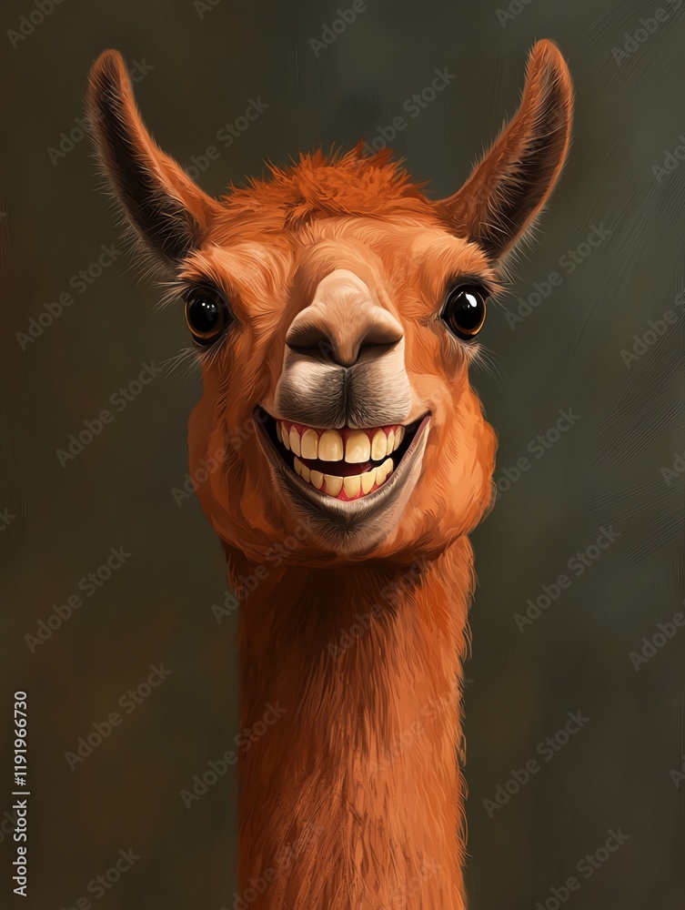 Obraz premium A cheerful llama with a big smile, showcasing its playful and friendly nature against a muted background.