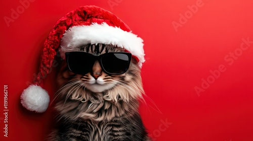 Playful cool cat with dark sunglasses and a fluffy Santa Claus hat, isolated on a bright red Christmas-themed holiday backdrop.