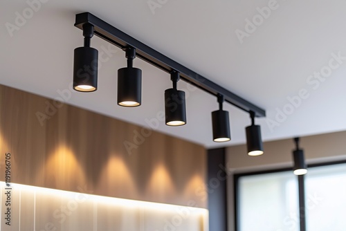 Lighting equipment on the wall in the living room. Spotlights under the ceiling. Track LED-lighting system