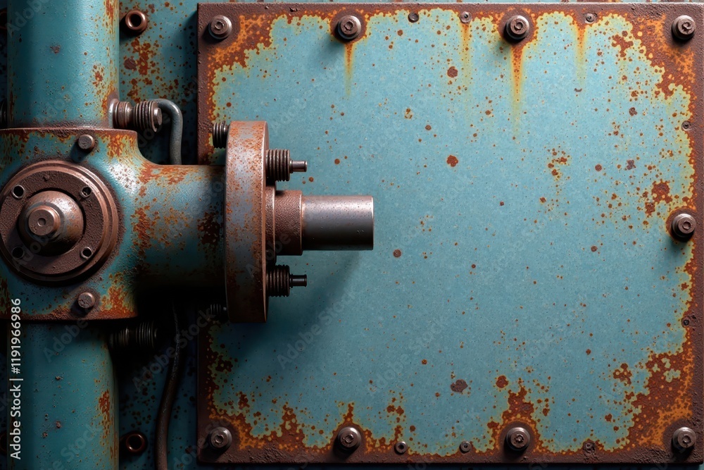 Industrial machinery against worn grey sheet metal background with slight rust stains and tool marks, worn metal, factory environment Industrial machinery against worn grey sheet metal background with slight rust stains and tool marks, worn metal, factory environment