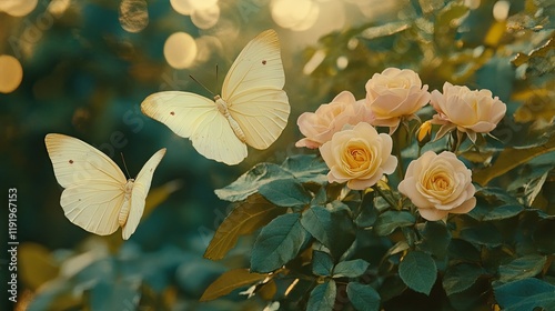 Wallpaper Mural Enchanted Spring Fairy Tale Banner with Blooming Pink Roses, Yellow Butterflies, and a Soft Blue Sky with Glowing Bokeh Torontodigital.ca