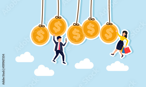 Several coins hanging from a string with a businessman hold a phone and grip a coin, and a businesswoman hold a shop bag and grip a coin, illustration of dependence on liquidity assets