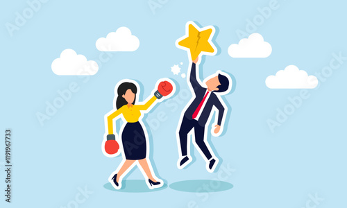 A businesswoman punches a businessman holding a cracked star with boxing gloves, illustration of refusing to compromise on business product quality