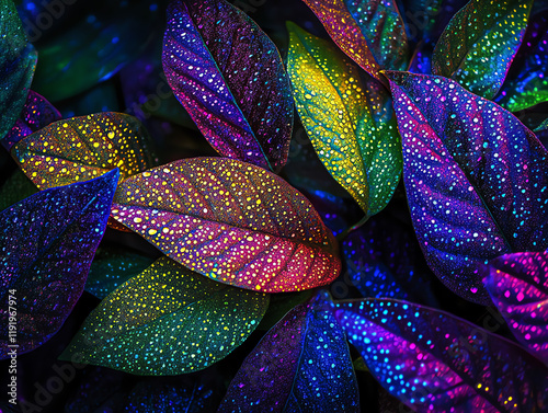 A macro view of vibrant leaves showing active transpiration and photosynthesis, glowing water droplets and oxygen highlighting growth photo