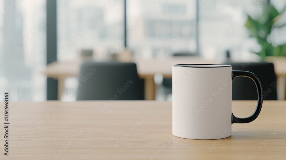 A minimalist coffee mug sits on a wooden table in a bright, modern workspace with large windows and a blurred background. A minimalist coffee mug sits on a wooden table in a bright, modern workspace with large windows and a blurred background.