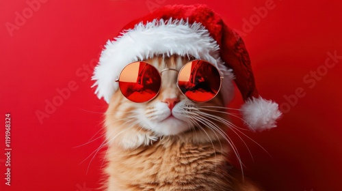 Stylish Christmas cat with round sunglasses and a fluffy Santa hat, isolated on red, ideal for a winter holiday greeting card.