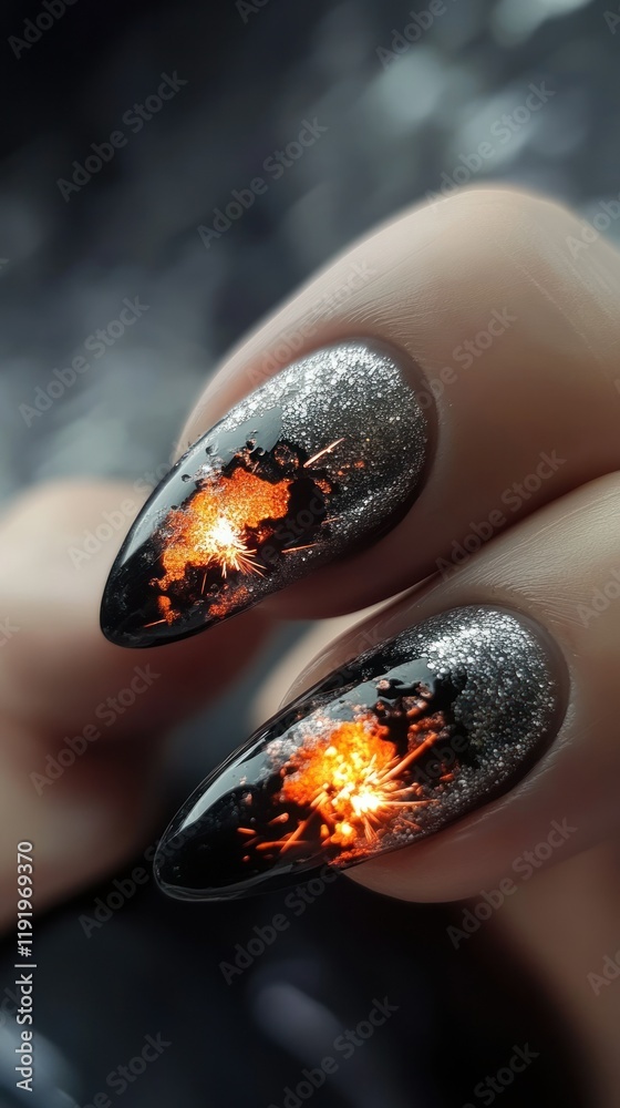 Weld-themed nail art with glowing molten edges, silver metallic polish, and realistic sparks against a dark industrial base.