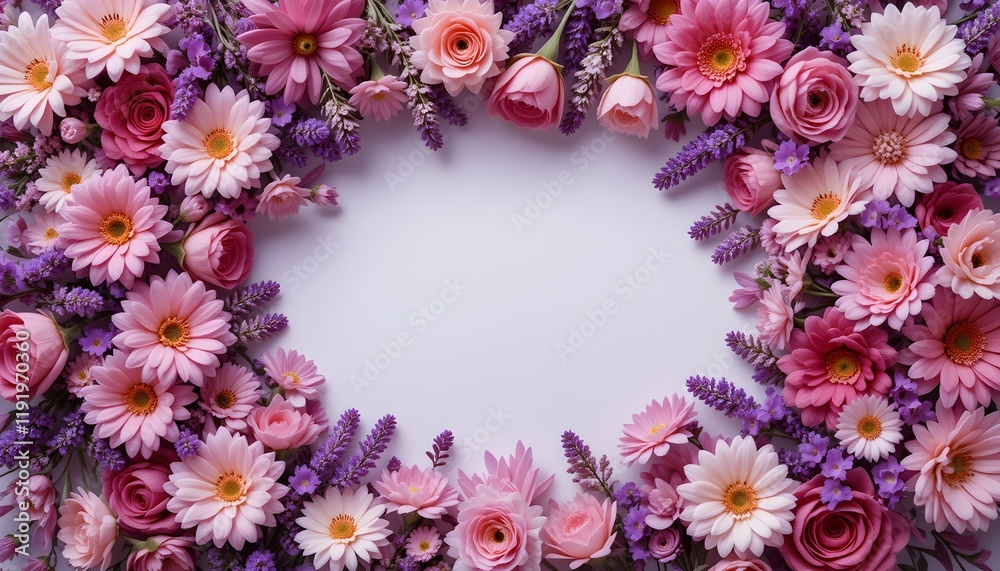 Fototapeta premium Pink roses and gerbera daisies with lavender sprigs frame a light backdrop creating an elegant floral border