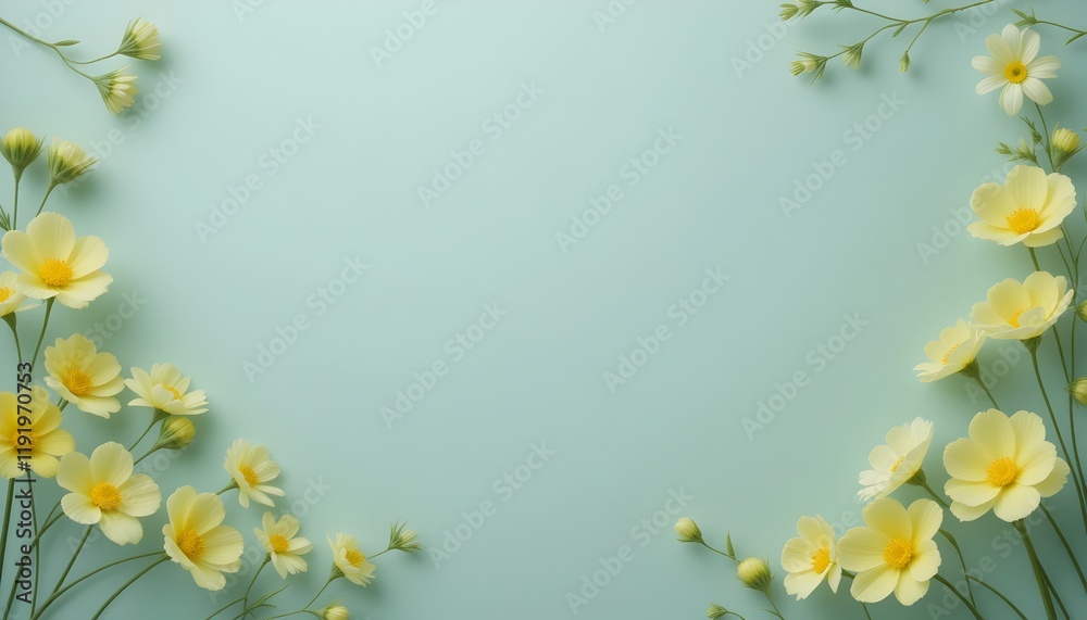 Delicate yellow cosmos flowers frame a serene light blue background a calming floral design Delicate yellow cosmos flowers frame a serene light blue background a calming floral design