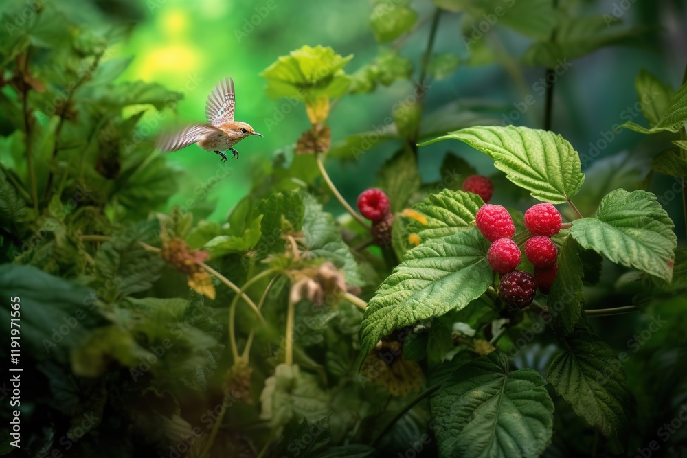 Small bird flying near ripe red raspberries in a green forest setting Small bird flying near ripe red raspberries in a green forest setting