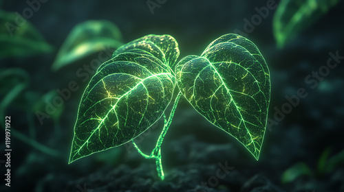 A young plant thriving through the combined processes of photosynthesis and transpiration, glowing veins and leaves symbolizing growth