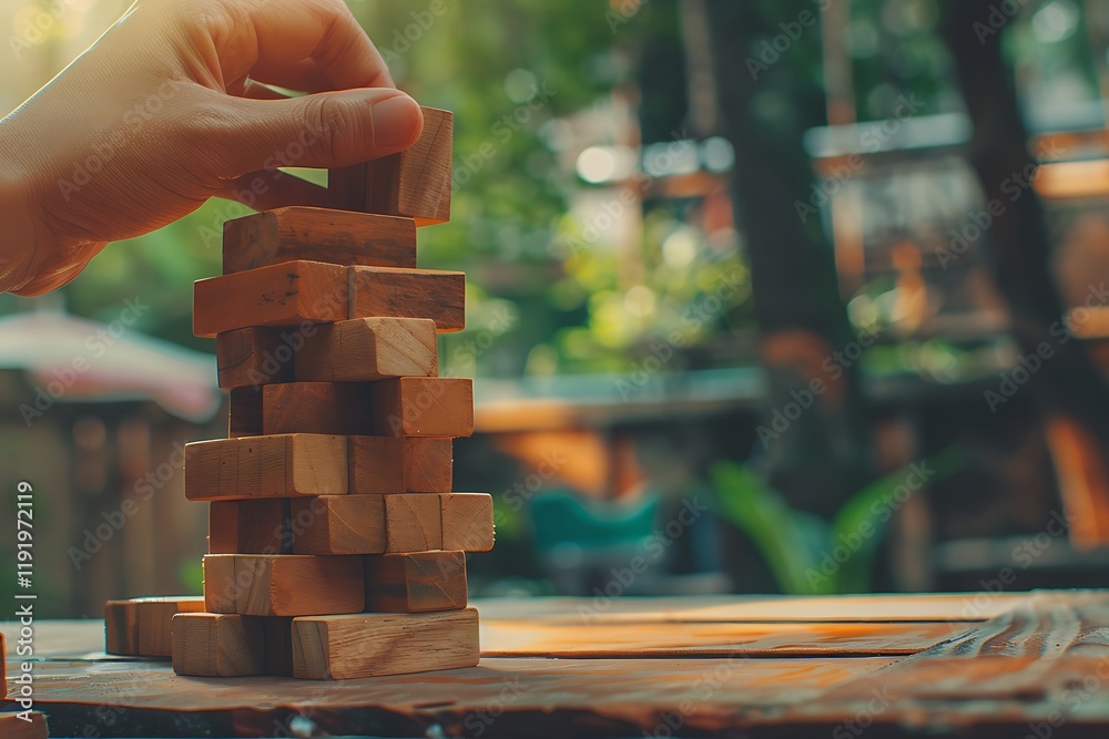 Businessman hand placing wooden block tower Businessman hand placing wooden block tower