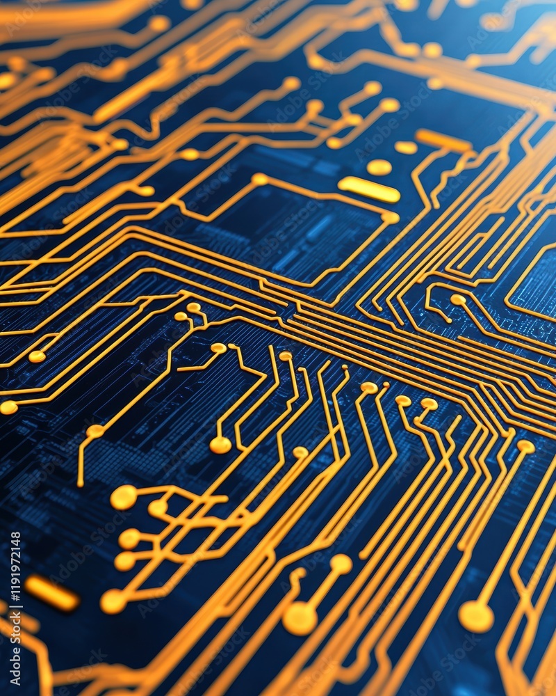 Abstract Close-Up of Technology Circuit Board Pattern with Orange Lines Abstract Close-Up of Technology Circuit Board Pattern with Orange Lines