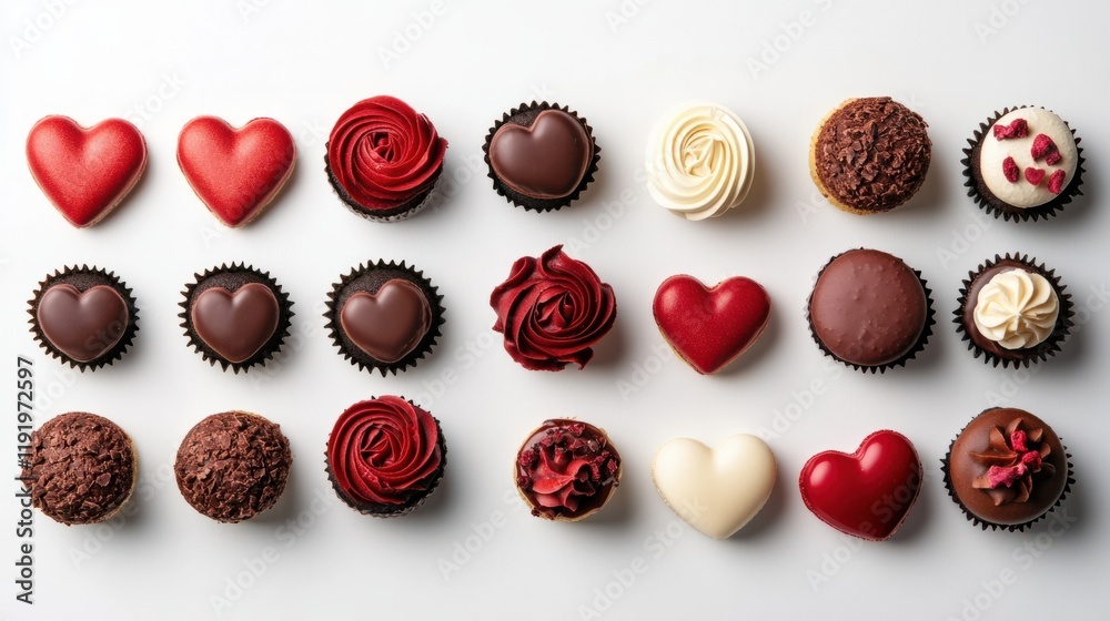 Obraz premium Valentine food icons showcasing chocolate roses, heart macaroons, and festive cupcakes, arranged beautifully on white