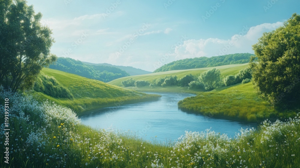 Serene river meandering through idyllic green valley, sunny day Serene river meandering through idyllic green valley, sunny day