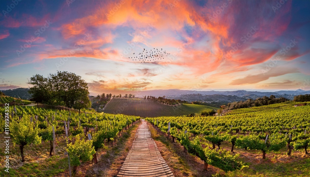 Fototapeta premium Sunset over a vineyard with a wooden path.