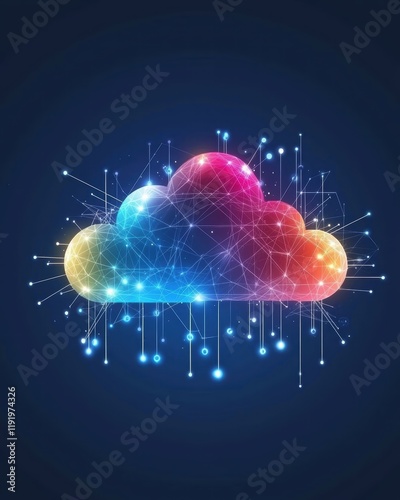 Colorful Cloud with Digital Connections and Light Effects in Dark Background