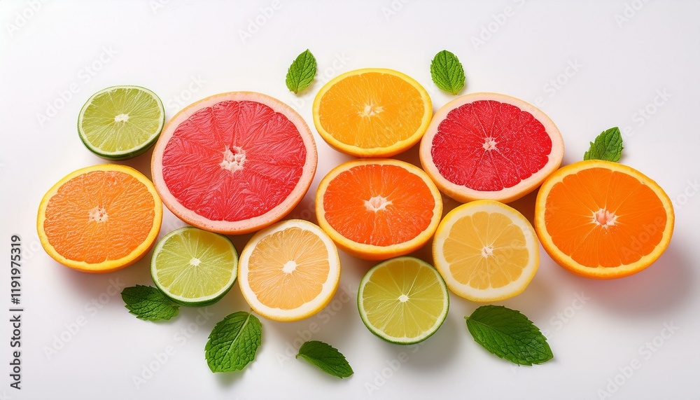 A vibrant collection of citrus fruits: oranges, grapefruits, limes, and lemons, arranged artfully with fresh mint. A vibrant collection of citrus fruits: oranges, grapefruits, limes, and lemons, arranged artfully with fresh mint.
